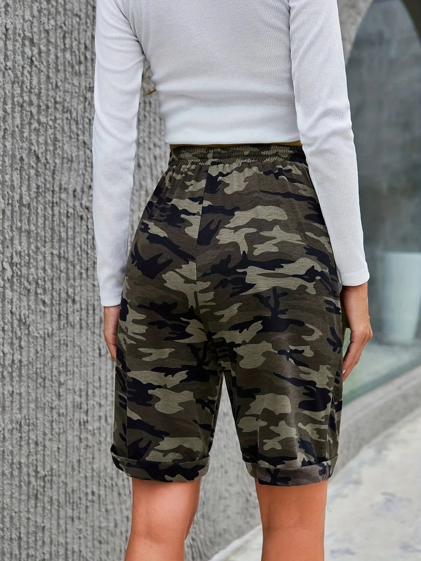 Camo Print Drawstring Shorts, Casual Slant Pocket Shorts For Summer & Spring, Women's Clothing Au bout du Sentier