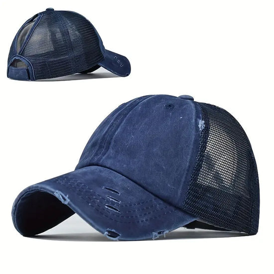 Washed Distressed Ponytail Baseball Cap for Women - Adjustable Sun Protection Hat with Mesh Back, Black, Perfect for Outdoor Sports and Casual Wear Au bout du Sentier