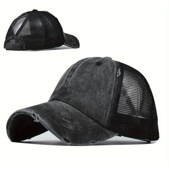 Washed Distressed Ponytail Baseball Cap for Women - Adjustable Sun Protection Hat with Mesh Back, Black, Perfect for Outdoor Sports and Casual Wear Au bout du Sentier